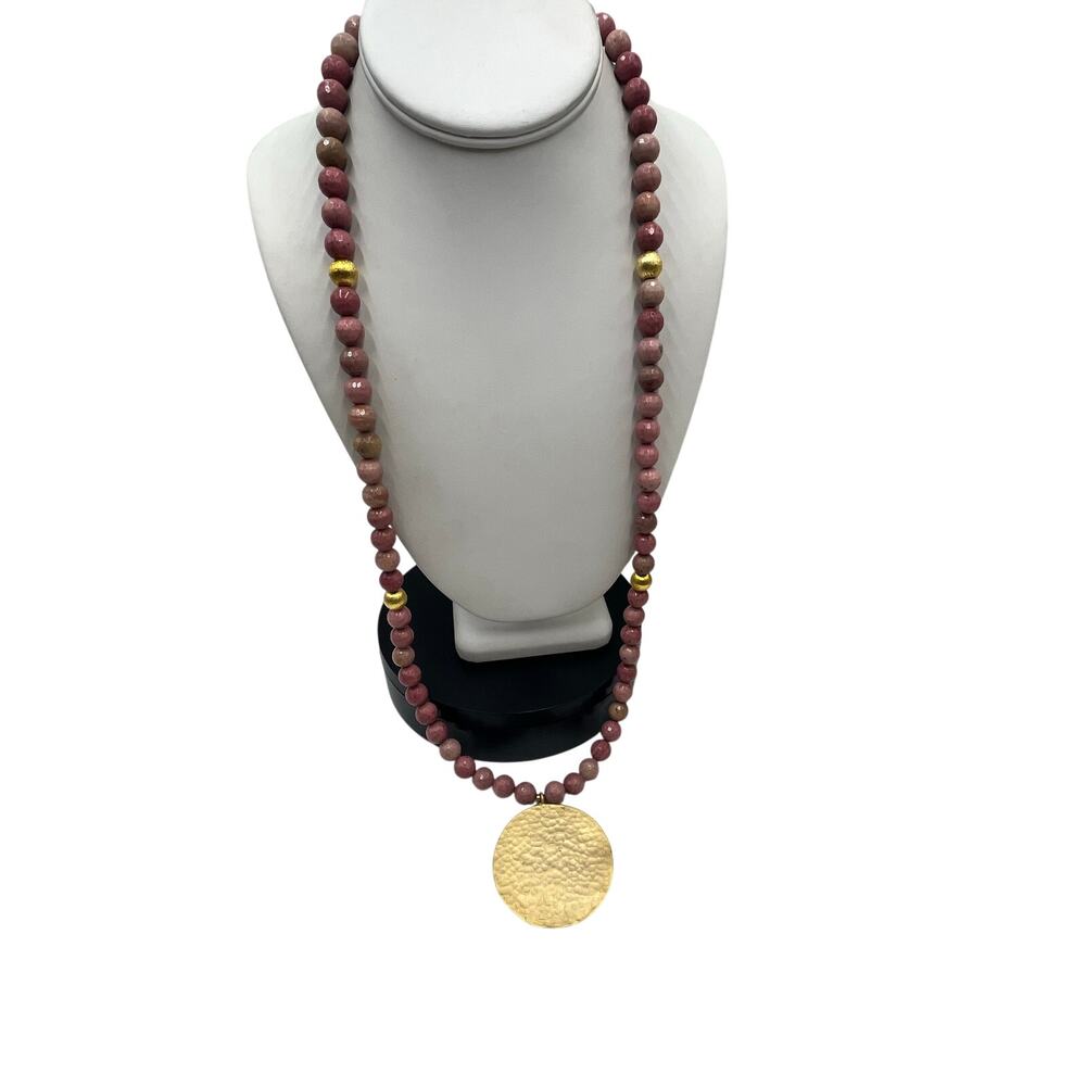 Molly‎ Beads Beaded Rhodochrosite Stone Large Hammered Gold Pendant Necklace